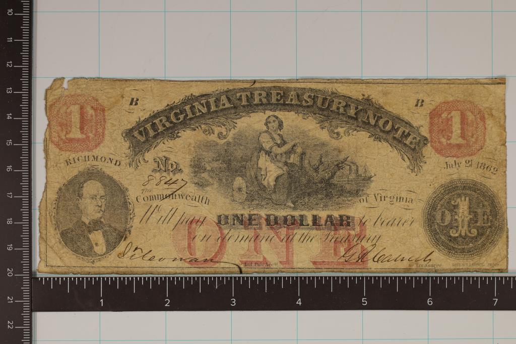 1862 VIRGINIA TREASURY $1 OBSOLETE BANK NOTE (1 of 2)