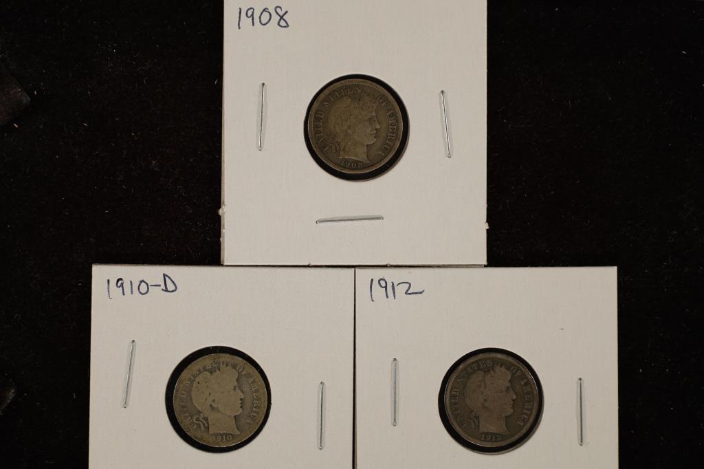 1908 (FINE), 10-D & 1912 SILVER BARBER DIMES (1 of 2)