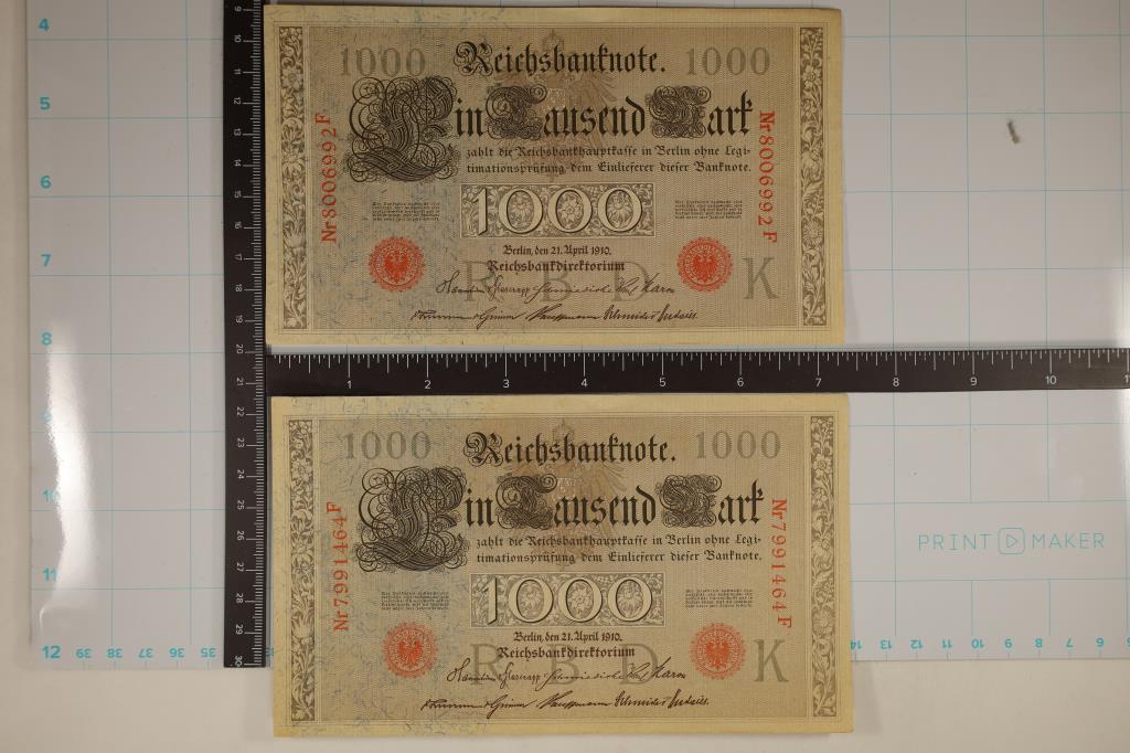 2-1910 GERMAN CRISP UNC 1000 MARK BILLS (1 of 2)