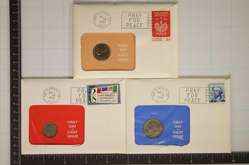 3 COIN FIRST DAY COVERS SETS FROM 1966. INCLUDES (1 of 2)