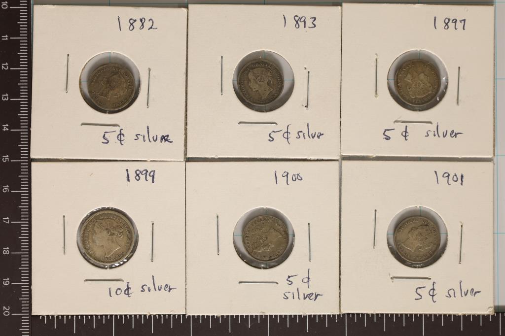 6 CANADA SILVER 5 CENT COINS: 1882, 1893, 1897, (1 of 1)