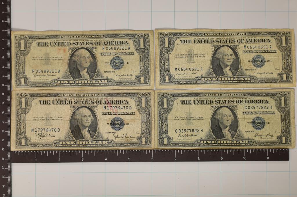 1935-C, 35-E, 1957-A & 57-B $1 SILVER CERTIFICATES: BLUE SEAL, 1935-C HAS INK ON OBVERSE.