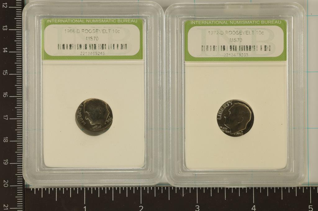 2 SLABBED ROOSEVELT DIMES: 1968-D MS70 AND 1972-D: MS70