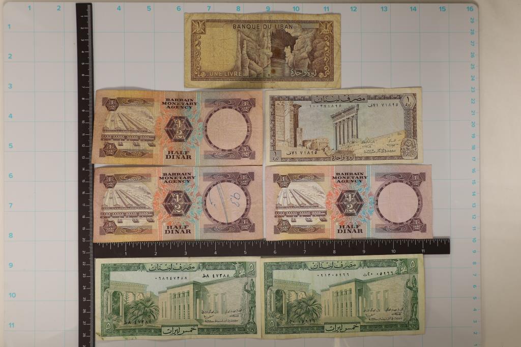 3-1973 BAHRAIN 1/2 DINAR BILLS & 4-LEBANON BILLS:: 1964-1980 TWO 1 LIVRES AND 2-FIVE LIVRES