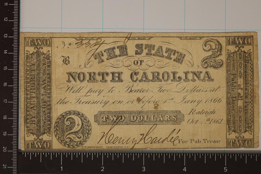 1861 NORTH CAROLINA $2 OBSOLETE BILL HAND SIGNED: AND NUMBERED WITH PINHOLES