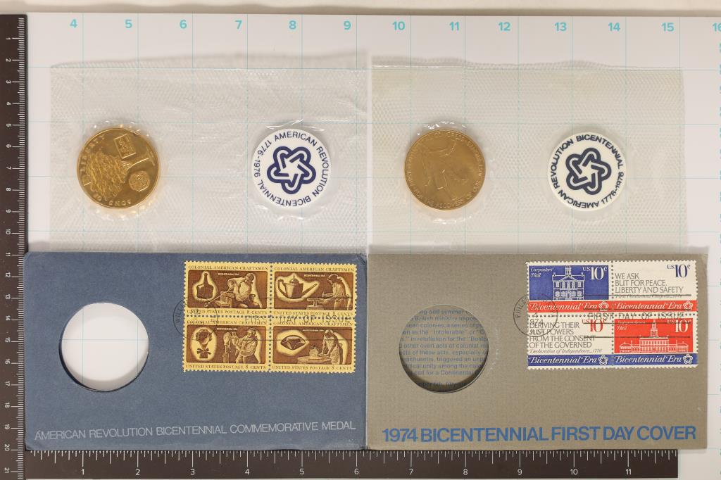 2-US BICENTENNIAL MEDALS: 1974 BICENTENNIAL FDC &: AMERICAN REVOLUTION BICENTENNIAL COMMEMORATIVE MEDAL. IN ORIGINAL US MINT PACKAGING