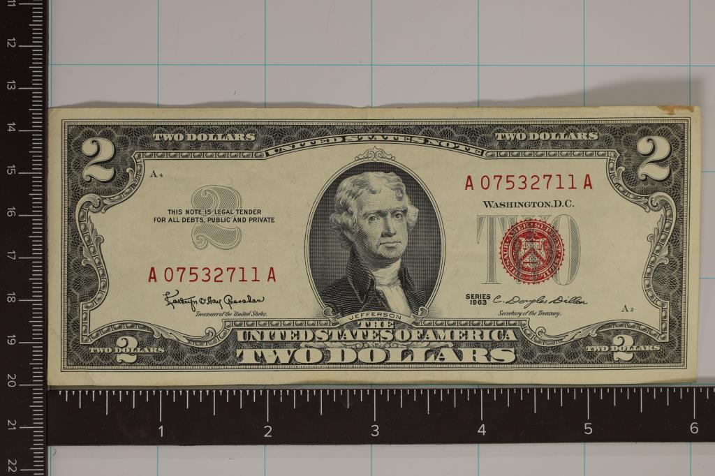 1963 US $2 RED SEAL BILL, CRISP AU 1 SMALL STAIN (1 of 2)