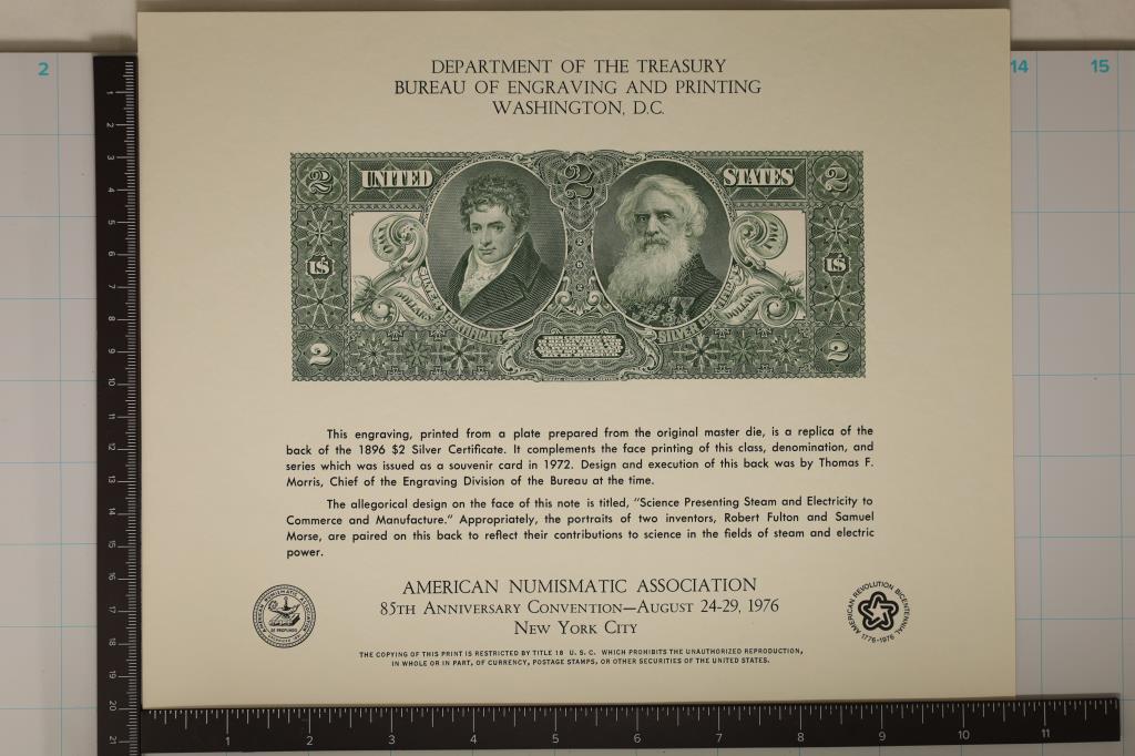 1976 A.N.A NEW YORK CITY SOUVENIR CARD FEATURES: THE REVERSE OF A 1896 US $2 SILVER CERTIFICATE. PRINTED BY THE BEP.