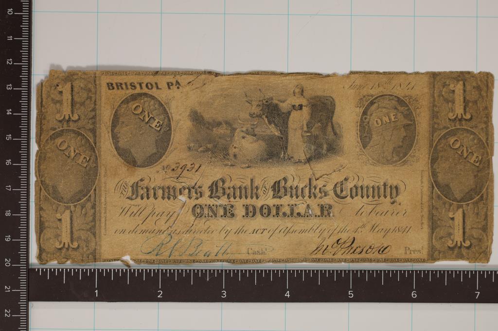 1841 FARMERS BANK OF BUCKS COUNTY PENNSYLVANIA: $1 OBSOLETE BANK NOTE HAND SIGNED AND NUMBERED