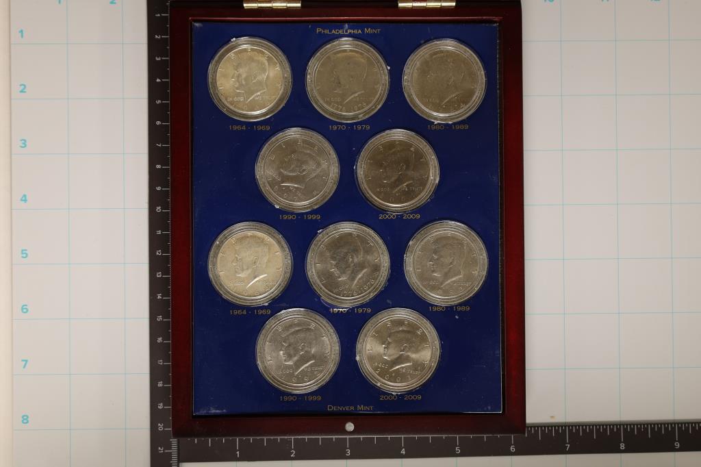 5 DECADES OF THE JFK HALF DOLLAR. 10 HALF DOLLARS (1 of 6)
