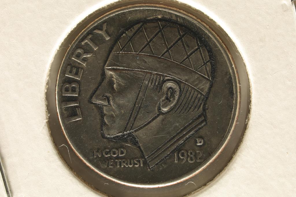 HOBO DIME ON A 1982-D ROOSEVELT DIME BRILLIANT UNC: NEAT PIECE HAND ENGRAVED, USUALLY DO NOT SEE DIMES DONE UP