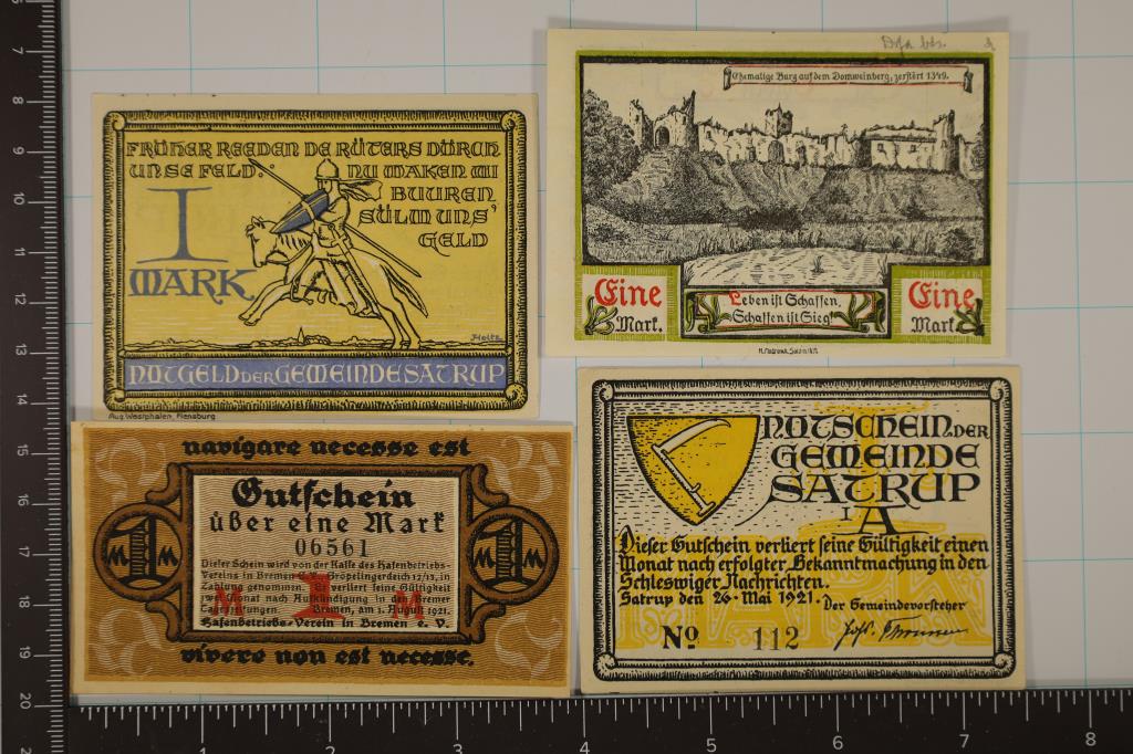 4-1921 GERMAN NOTEGELDS. 4 DIFFERENT 1 MARK BILLS (1 of 2)