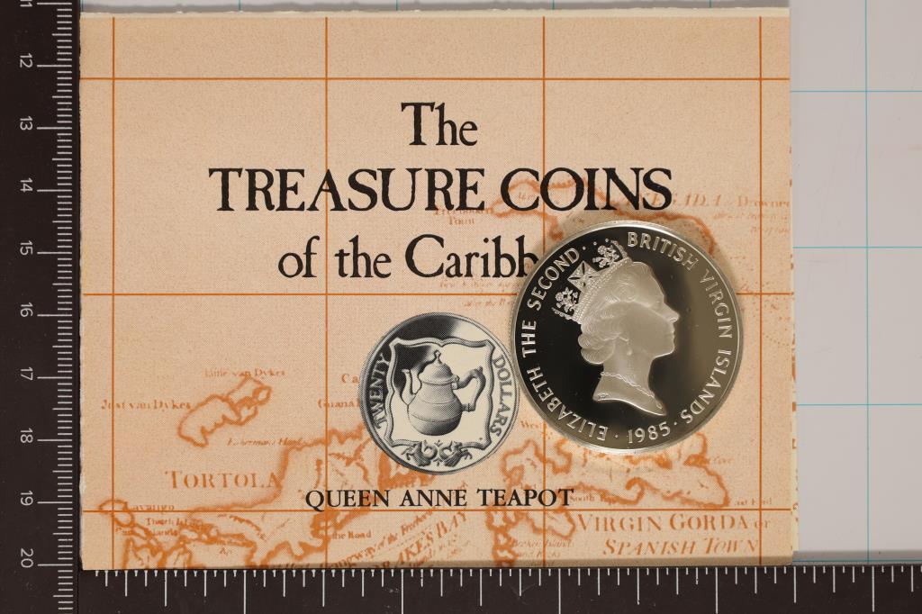 1985 TREASURE COINS OF THE CARRIBEAN STERLING SILV: 19.09 GRAMS, PROOF $20 COIN WITH INFO SHEET FROM THE FRANKLIN MINT