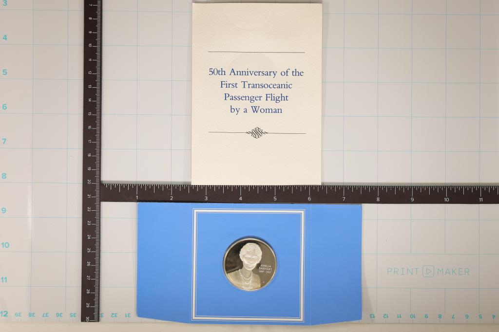 1 1/2" STERLING SILVER PROOF ROUND "50TH: ANNIVERSARY OF THE FIRST TRANSOCEAN FLIGHT BY A WOMEN" AMELIA EARHART IN ORIGINAL FRANKLIN MINT PACKAGING