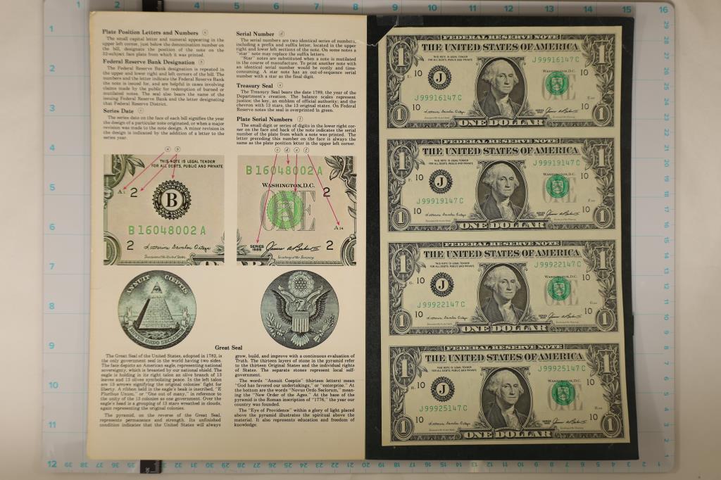 UNCUT SHEET OF 4 -1985 US $1 FRNS CRISP UNC IN: CARDBOARD INFORMATIONAL FOLIO.