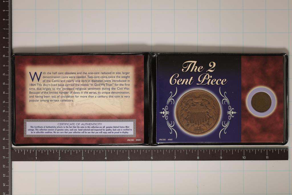 1865 US 2 CENT COIN ON BLACK FOLIO WITH INFO CARD (1 of 2)