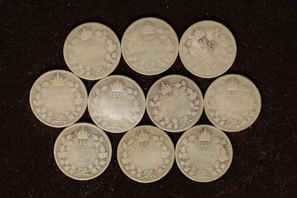 10 CANADA SILVER 10 CENT COINS: 1920-1937 (1 of 2)