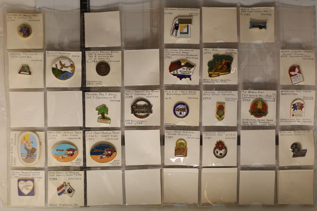 23 ASSORTED PINBACKS: 1982 MOTORCYCLE JAMBOREE,: SENIOR OLYMPICS, WHALE WATCH, LOYAL ORDER OF THE MOOSE AND OTHERS. ONE IS BUSTED
