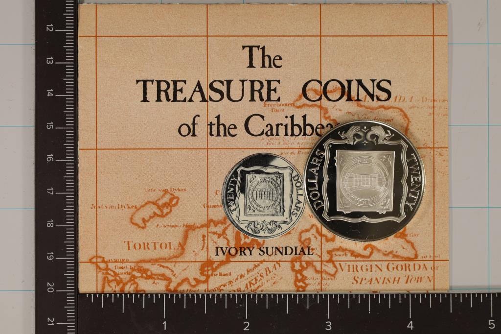 1985 TREASURE COINS OF THE CARRIBEAN STERLING SILV: 19.4 GRAMS, PROOF $20 COIN WITH INFO SHEET FROM THE FRANKLIN MINT