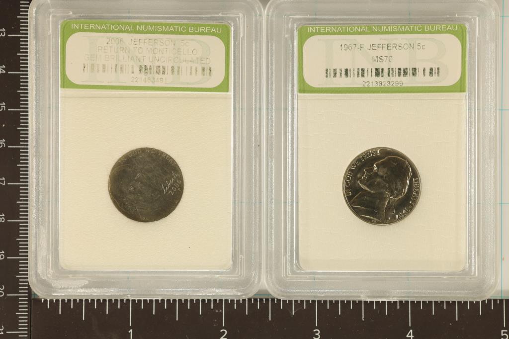 2 SLABBED JEFFERSON NICKELS: 1967-P MS70 &: 2006-P RETURN TO MONTICELLO GEM BRILLIANT UNC