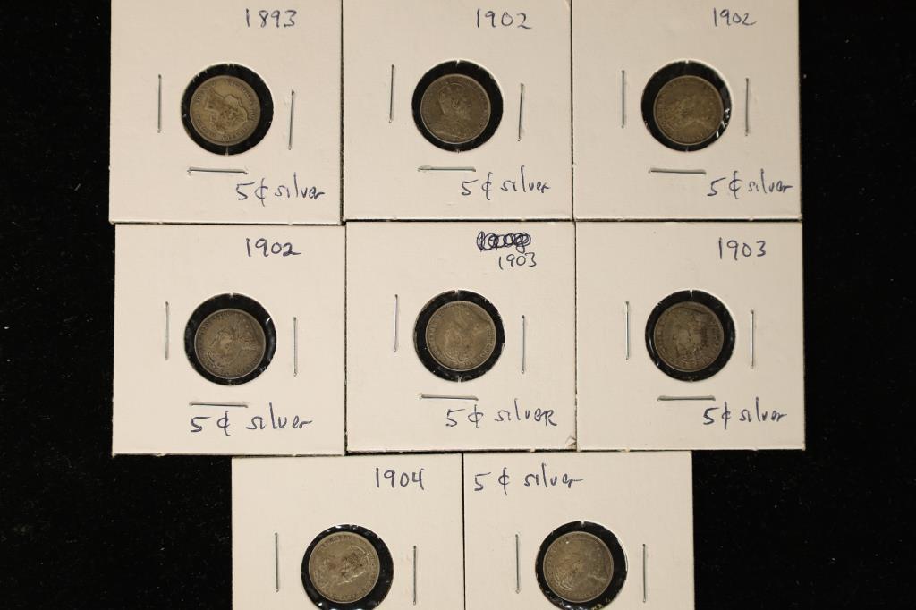 8 CANADA SILVER 5 CENT COINS: 1893-1904 (1 of 2)