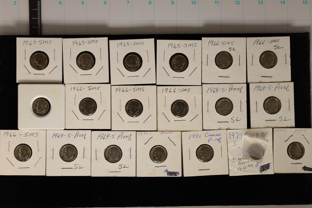 19 SMS & PROOF ROOSEVELT DIMES. 1965 -1974 (1 of 2)