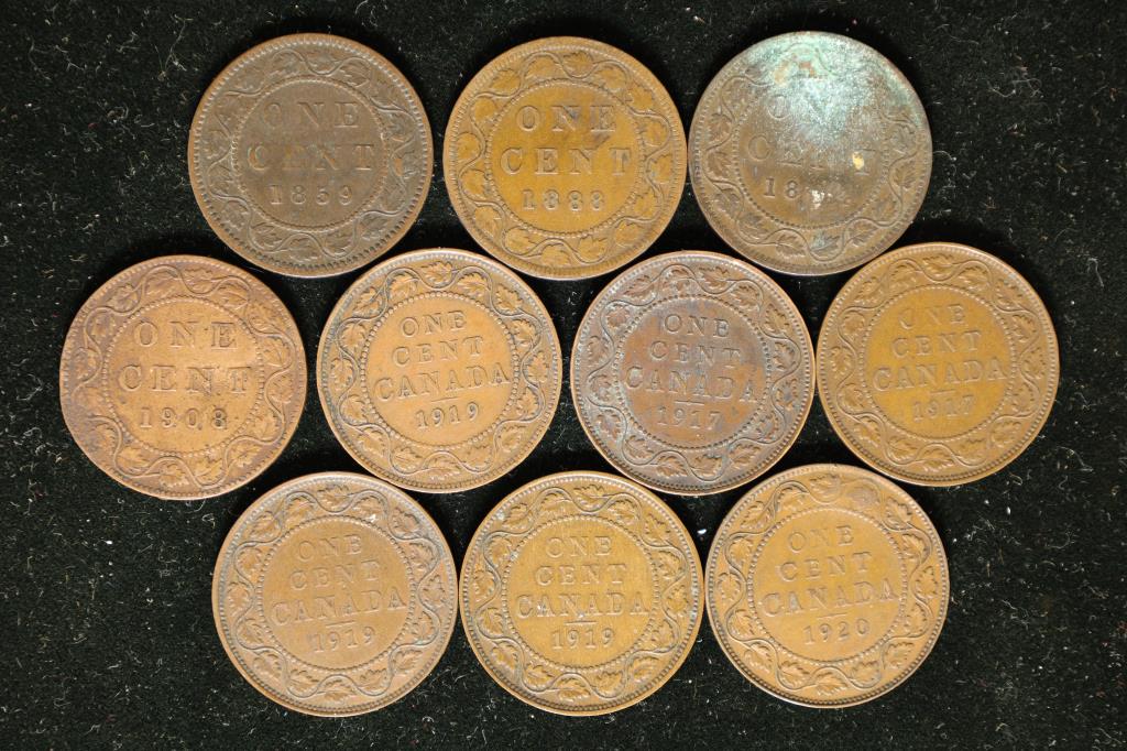 10 CANADA LARGE 1 CENT COINS: 1859-1920 (1 of 2)
