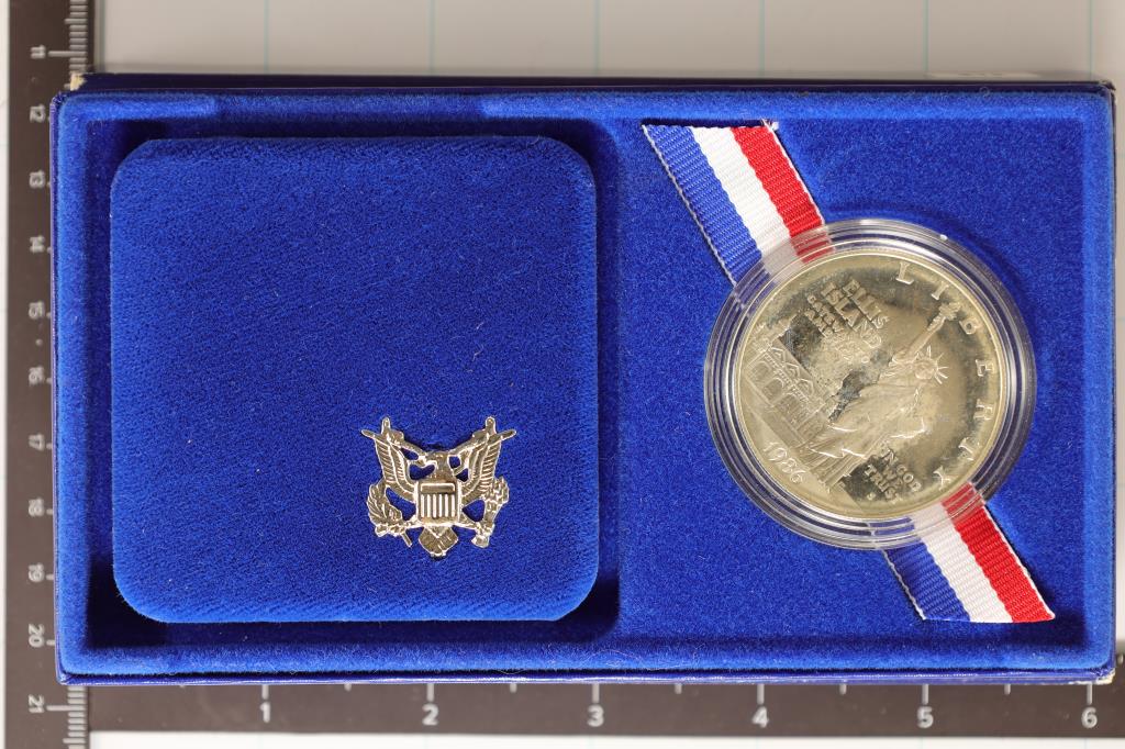 1986-S US PROOF SILVER $1 STATUE OF LIBERTY: CENTENNIAL IN ORIGINAL US MINT PACKAGING, NO LID FOR THE BOX