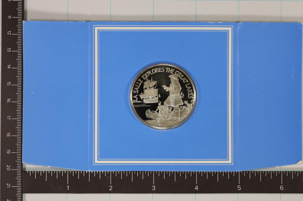 1 1/2" STERLING SILVER PROOF ROUND "300TH: ANNIVERSARY OF LA SALLE'S EXPLORATION OF THE GREAT LAKES" IN ORIGINAL FRANKLIN MINT PACKAGING