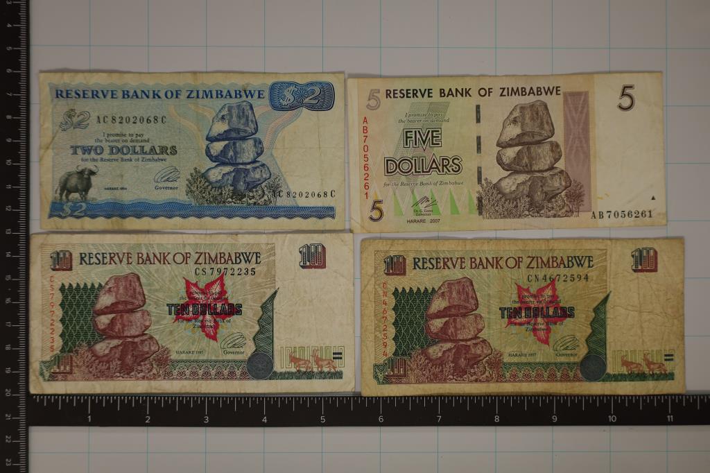 4 ZIMBABWE BILLS: 1994-$2, 2-1997 -$10 & 2007 - $5 (1 of 2)