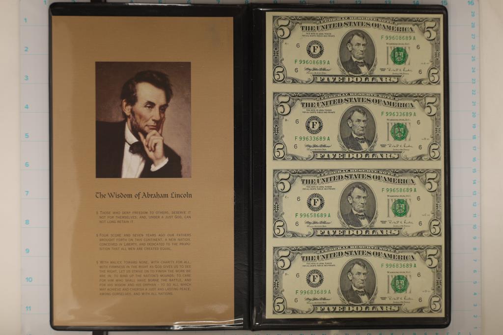 UNCUT SHEET OF 4-1995 US $5 FRN'S. CRISP UNC: IN NICE BLACK FOLIO WITH CERTIFICATE OF OWNERSHIP