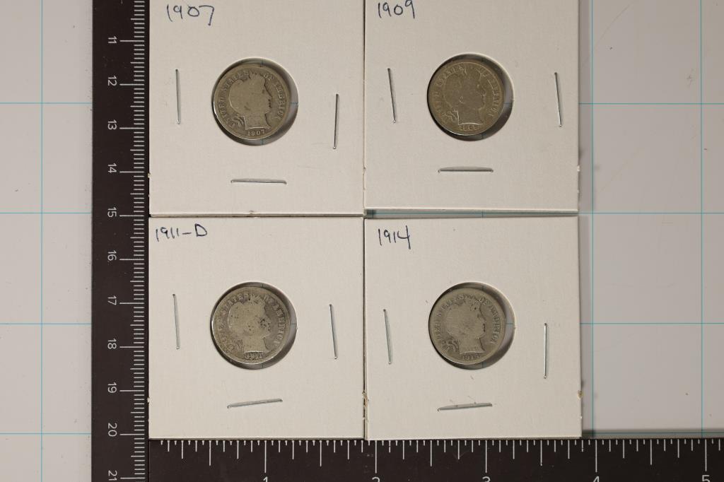 1907, 09, 11-D & 1914 SILVER BARBER DIMES (1 of 2)