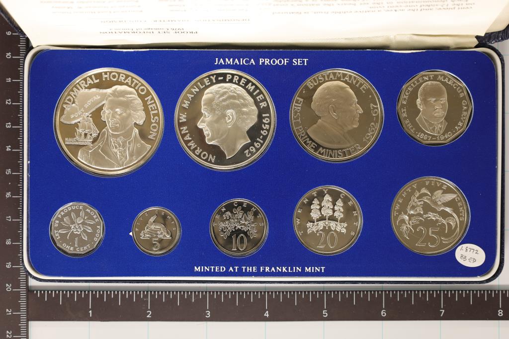 1976 JAMAICA 9 COIN PF SET, $10 & $5 COINS ARE: SILVER, ORIGINAL MINT PACKAGING FROM THE FRANKLIN MINT WITH CERTIFICATE, THE $10 IS 1.2728 OZ. ASW AND THE $5 IS .6044 OZ. ASW