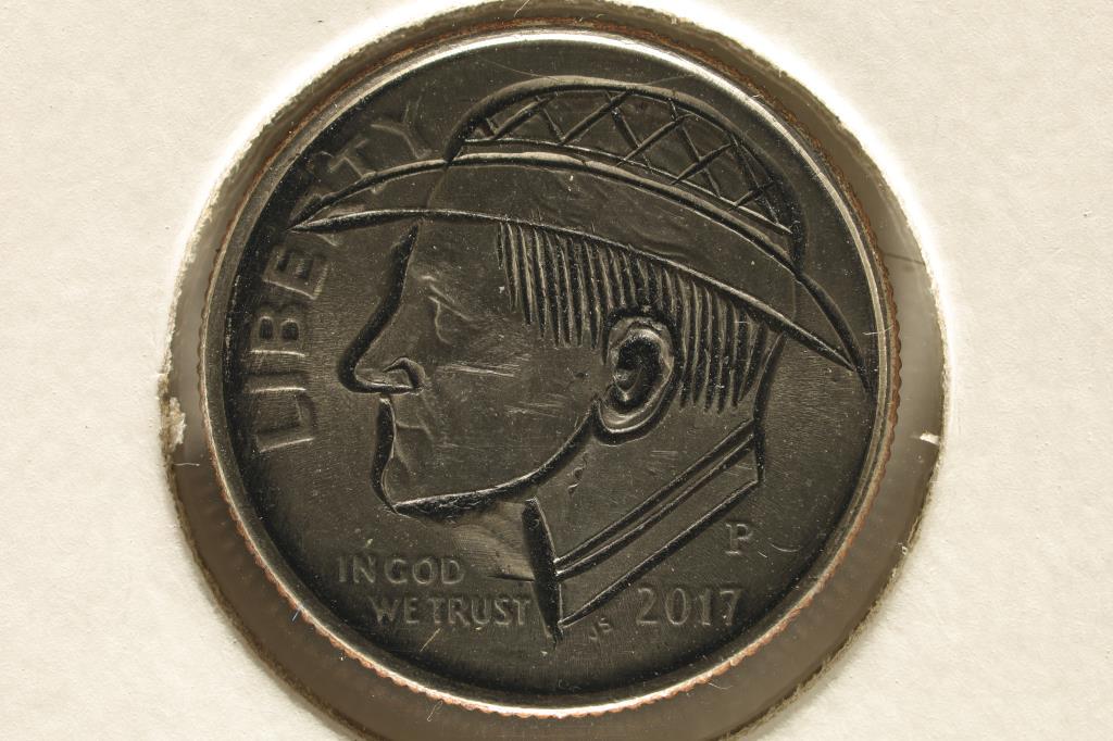 HOBO DIME ON A 2017-P ROOSEVELT DIME BRILLIANT UNC: NEAT PIECE HAND ENGRAVED, USUALLY DO NOT SEE DIMES DONE UP