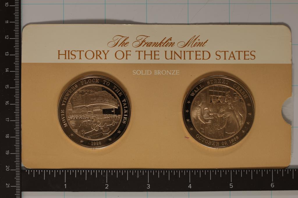 2-1 1/2" BRONZE PROOF HISTORY OF THE UNITED STATES: MEDALS: WALL STREET CRASH AND MOVIE VIEWERS FLOCK TO THE TALKIES, IN FRANKLIN MINT PACKAGING