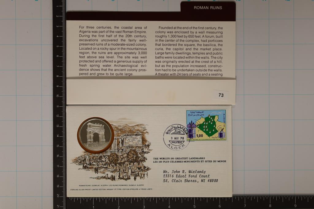 STERLING SILVER ROUND ON FDC, THE WORLD'S 100: GREATEST LANDMARKS "ROMAN RUINES" WITH INFO CARD, BY THE FRANKLIN MINT