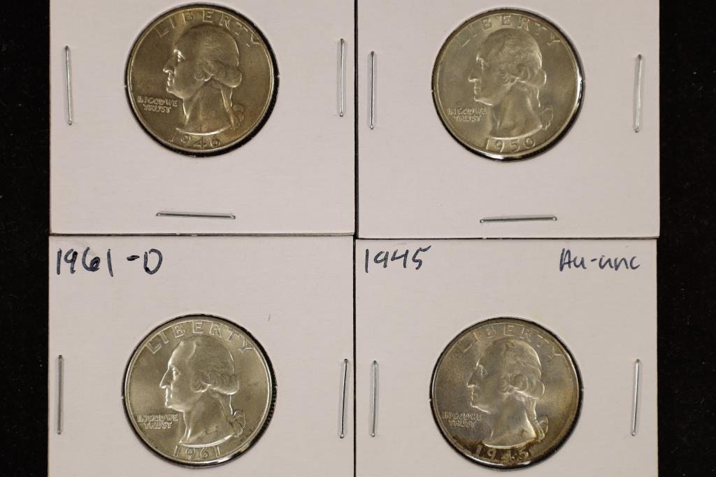 4-WASHINGTON SILVER QUARTERS: 1945, 1946, 1950-D, (1 of 2)