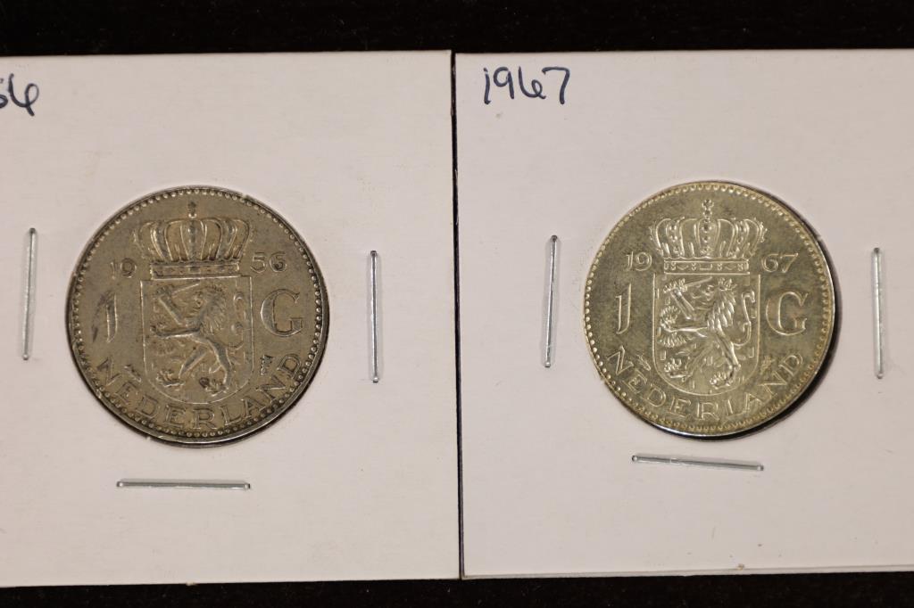 1956 & 1967 NEDERALNDS SILVER 1 GULDEN COINS: .301 OZ. ASW TOTAL. 1967 IS AU/UNC