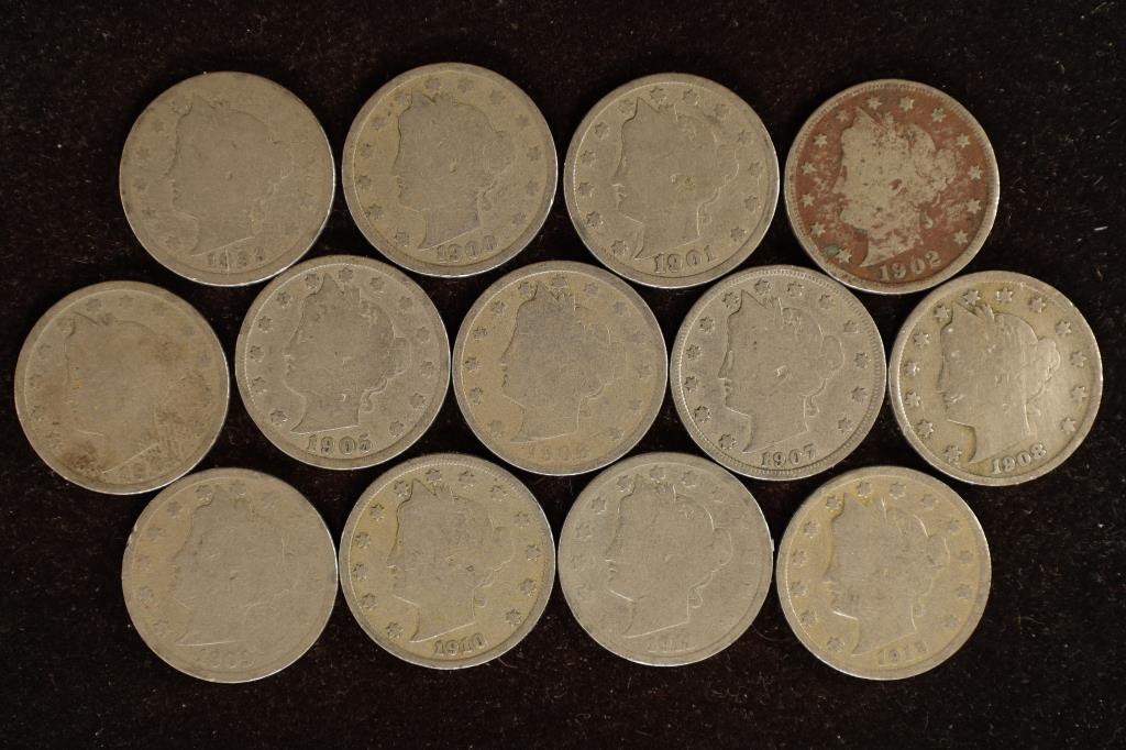 13-LIBERTY "V" NICKELS 1893 & 1900-1912 (1 of 2)