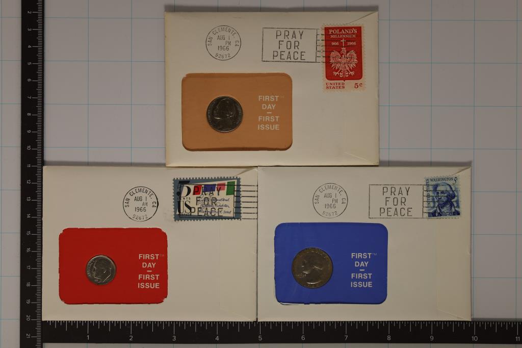 3-US COIN FIRST DAY COVERS WITH CANCELLED STAMPS (1 of 2)