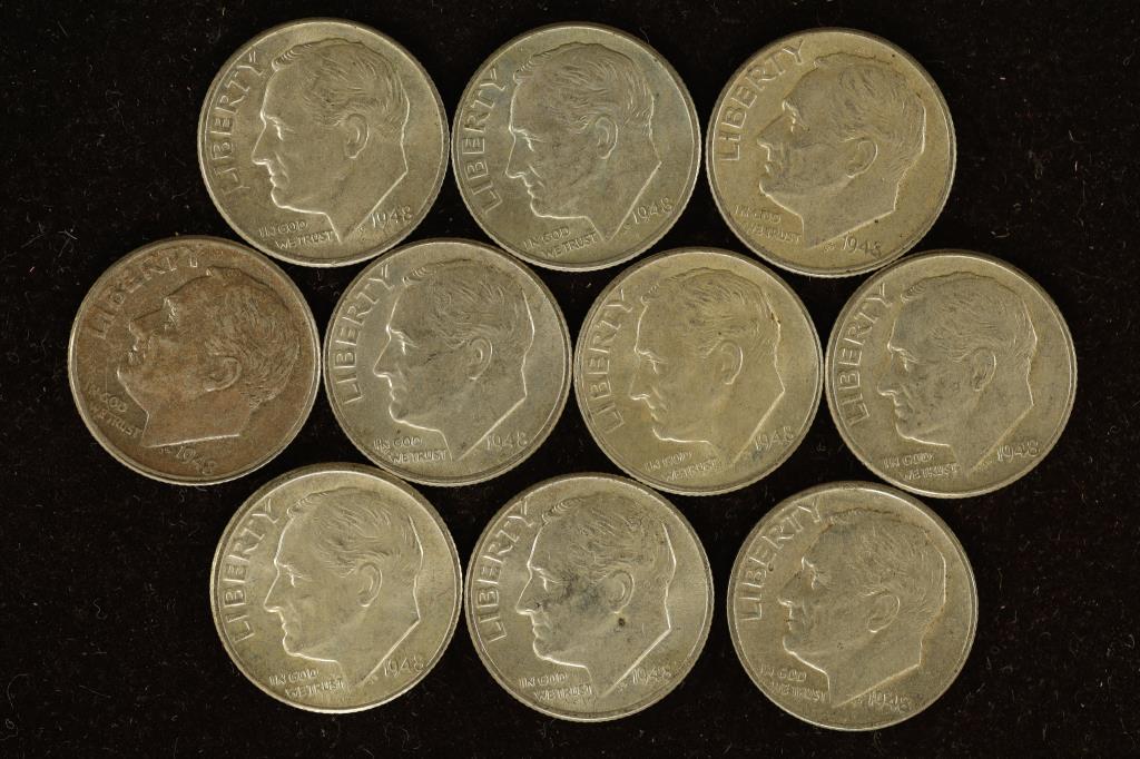 10 SILVER ROOSEVELT DIMES: ALL 1948'S (1 of 2)