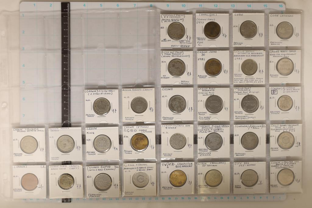 30 VINTAGE METAL JAPAN GAMING TOKENS: MERMAID,: CHECKERED FLAG, CUPID AND OTHERS