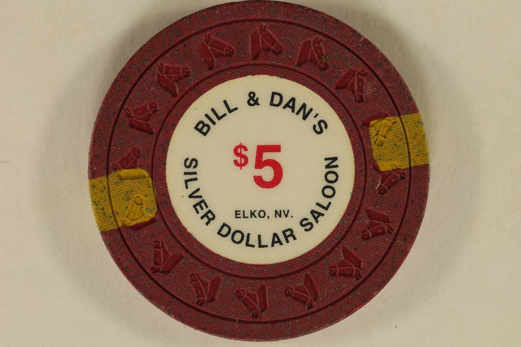 $5 BILL AND DAN'S SILVER DOLLAR CASINO CHIP: ELKO, NEVADA