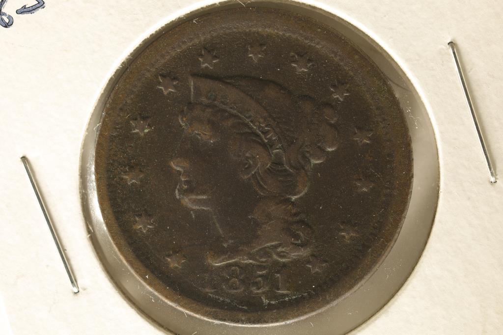 1851 US BRAIDED HAIR LARGE CENT (FINE) WATCH FOR (1 of 2)