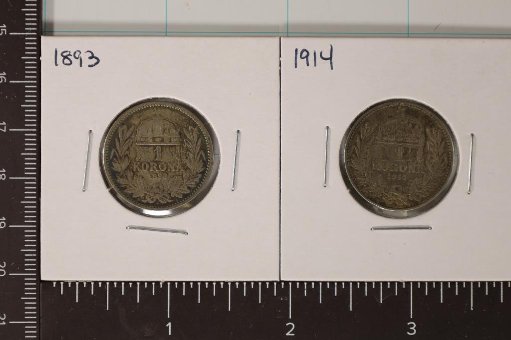 1893 & 1914 HUNGARY SILVER 1 KORONA COINS .2684: OZ. ASW TOTAL