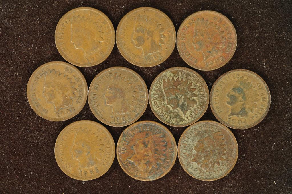 10 ASSORTED INDIAN HEAD CENTS: 1900-1907 MAY NOT (1 of 3)