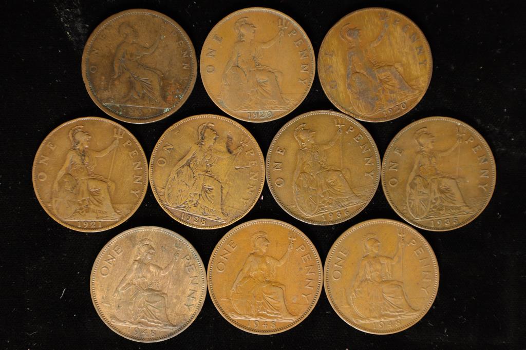 10 ASSORTED GREAT BRITAIN 1 PENNY COINS: 1862-1948: MAY NOT CONTAIN ALL DATES AND MAY CONTAIN DUPLICATES.