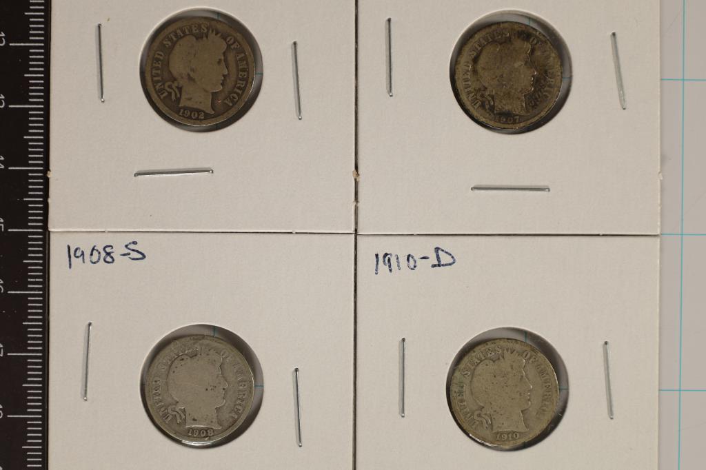 1902-O, 07-O, 08-S & 1910-D SILVER BARBER DIMES (1 of 2)
