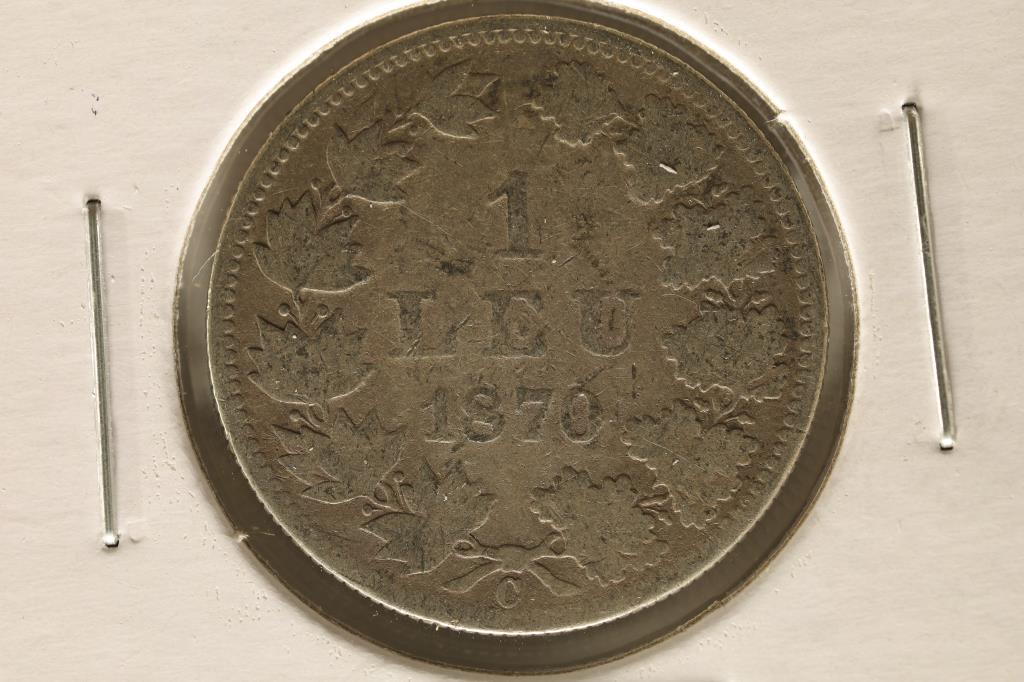 SEMI-KEY 1870-C ROMANIA SILVER 1 LEU .1342 OZ. ASW (1 of 2)