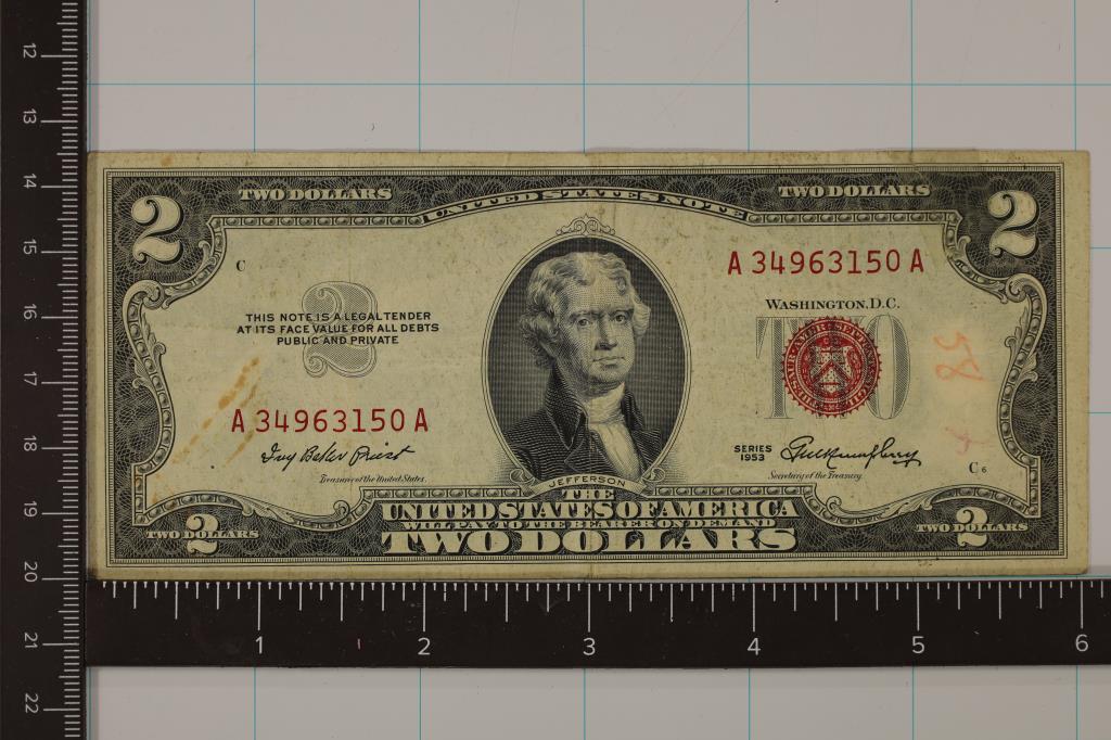 1953 US $2 RED SEAL NOTE RED INK ON RT. SIDE STAIN (1 of 2)